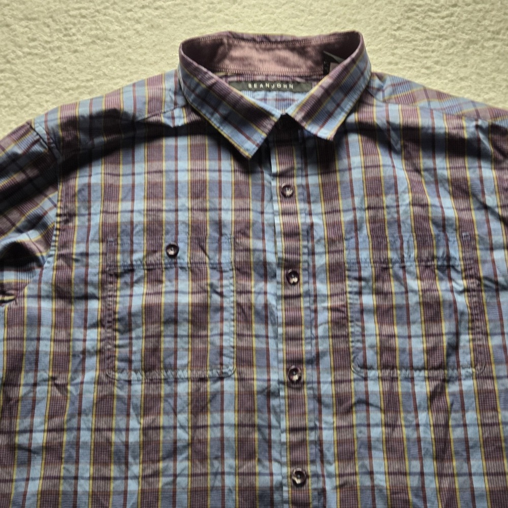 Sean John Shirt Mens 3XL Multicolor Plaid Short Sleeve Button-Up Pockets Casual